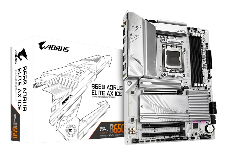 GIGABYTE B650 AORUS ELITE AX ICE Mainboard – Unterstützt AMD Ryzen 9000 CPUs, 12+2+2 Phasen digitales VRM, bis zu 8000 MHz DDR5 (OC), 1xPCIe 5.0 + 2xPCIe 4.0 M.2, Wi-Fi 6E, 2.5GbE LAN, USB 3.2 Gen 2x2 – Bild 1