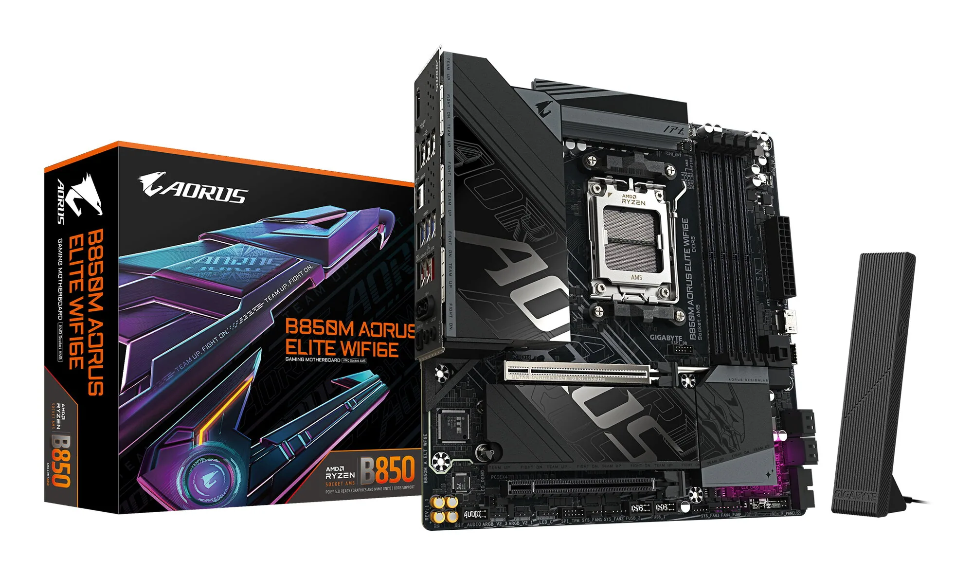 GIGABYTE B850M AORUS ELITE WIFI6E Mainboard – AMD Ryzen 9000 Serie Prozessoren, digitales 12+2+2 Phasen VRM, bis zu 8200 MHz DDR5 (O.C.), 1x PCIe 5.0 + 1x PCIe 4.0 M.2, Wi-Fi 6E, 2.5 GbE LAN, USB 3.2 Gen 2 – Bild 1