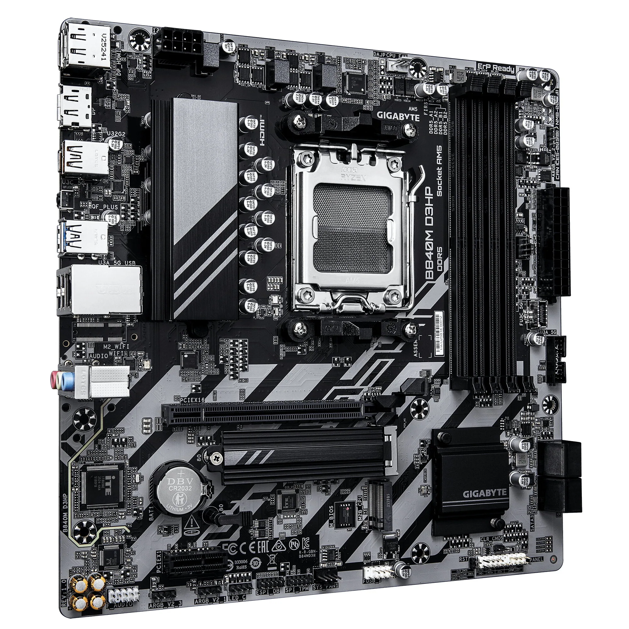 GIGABYTE B840M D3HP Mainboard – AMD Ryzen 9000 CPUs, 8+2+2-Phasen-VRM, bis zu 8200 MHz DDR5 (O.C.), 2× PCIe-4.0-M.2, 1-GbE-LAN, USB 3.2 Gen 2 – Bild 3