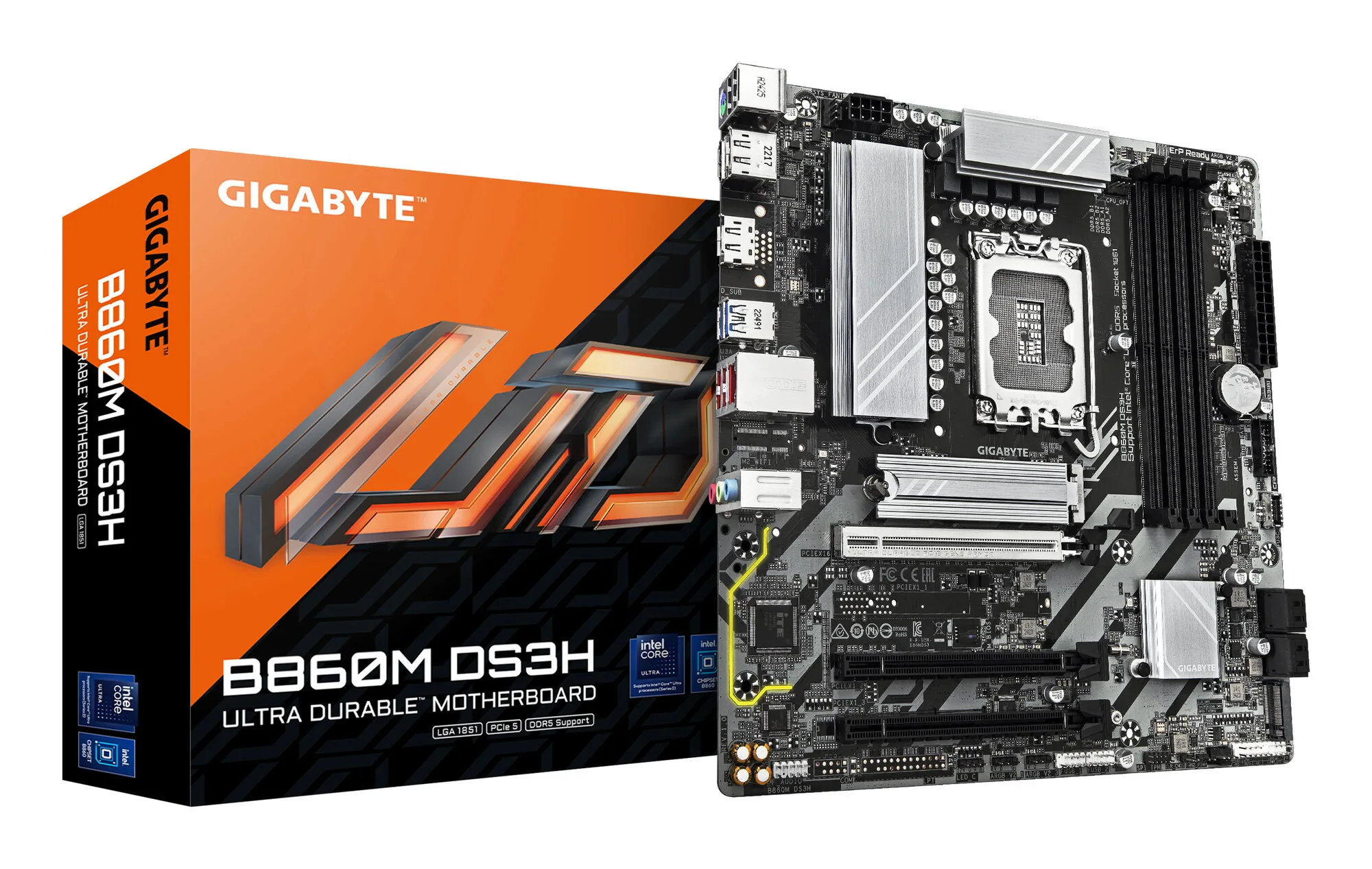 GIGABYTE B860M DS3H Mainboard - Intel Core Ultra CPUs, 5+1+2+1 Phasen VRM, bis zu 9066MHz DDR5, 1xPCIe 5.0 + 1xPCIe 4.0 M.2, 2,5 GbE LAN, USB 3.2 Gen 2 – Bild 1