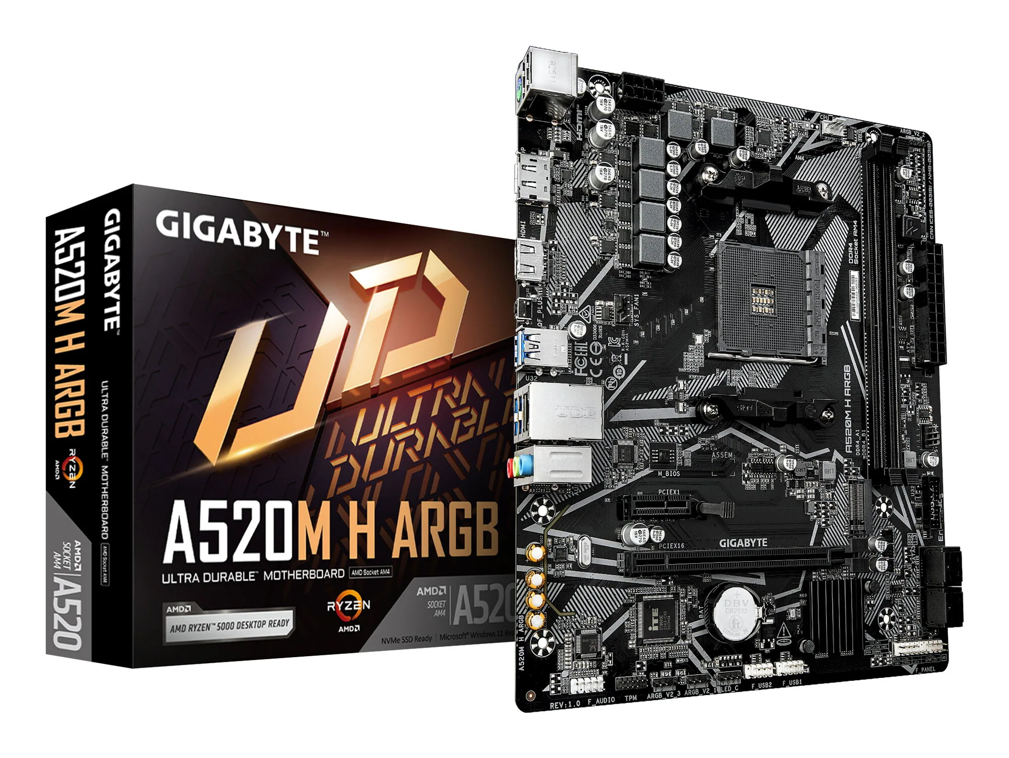 GIGABYTE A520M H ARGB Mainboard – Unterstützt AMD Ryzen 5000 Prozessoren, bis zu 5100 MHz DDR4 (OC), PCIe 3.0 x4 M.2, 1-GbE-LAN, USB 3.2 Gen 1 – Bild 1