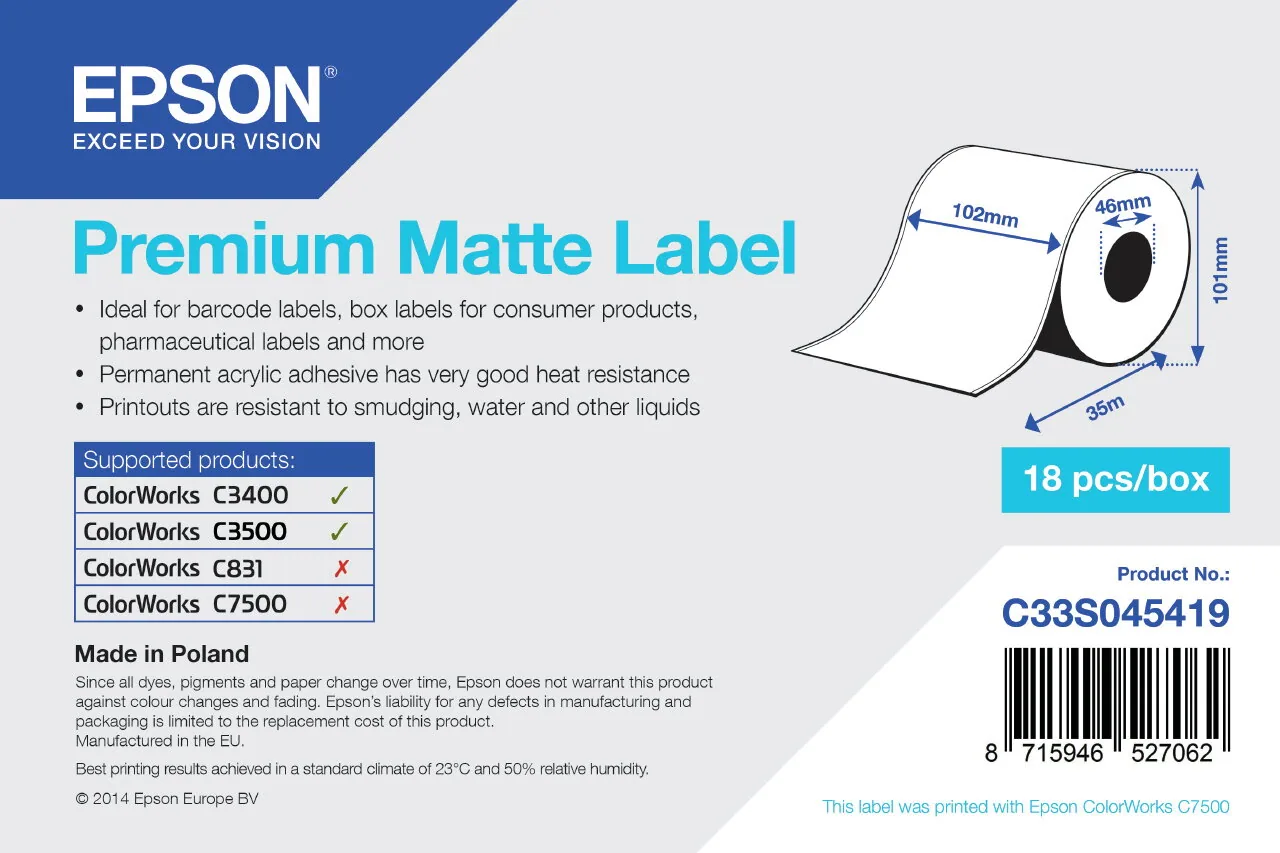 Epson Premium Matte Label Continuous Roll, 102 mm x 35 m – Bild 1