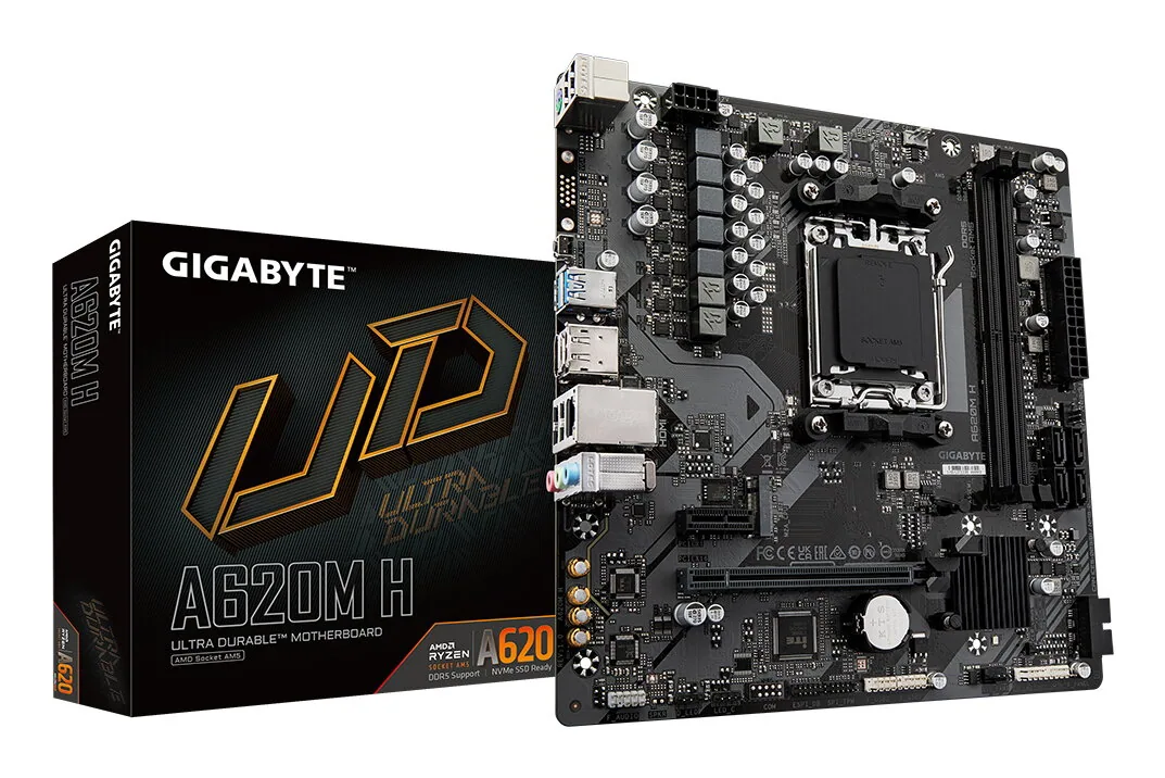 GIGABYTE A620M H Motherboard - Unterstützt AMD Ryzen 8000 CPUs, 5+2+2 Phasen Digital VRM, bis zu 7200MHz DDR5 (OC), 1xPCIe 4.0 M.2, GbE LAN, USB 3.2 Gen 1 – Bild 1