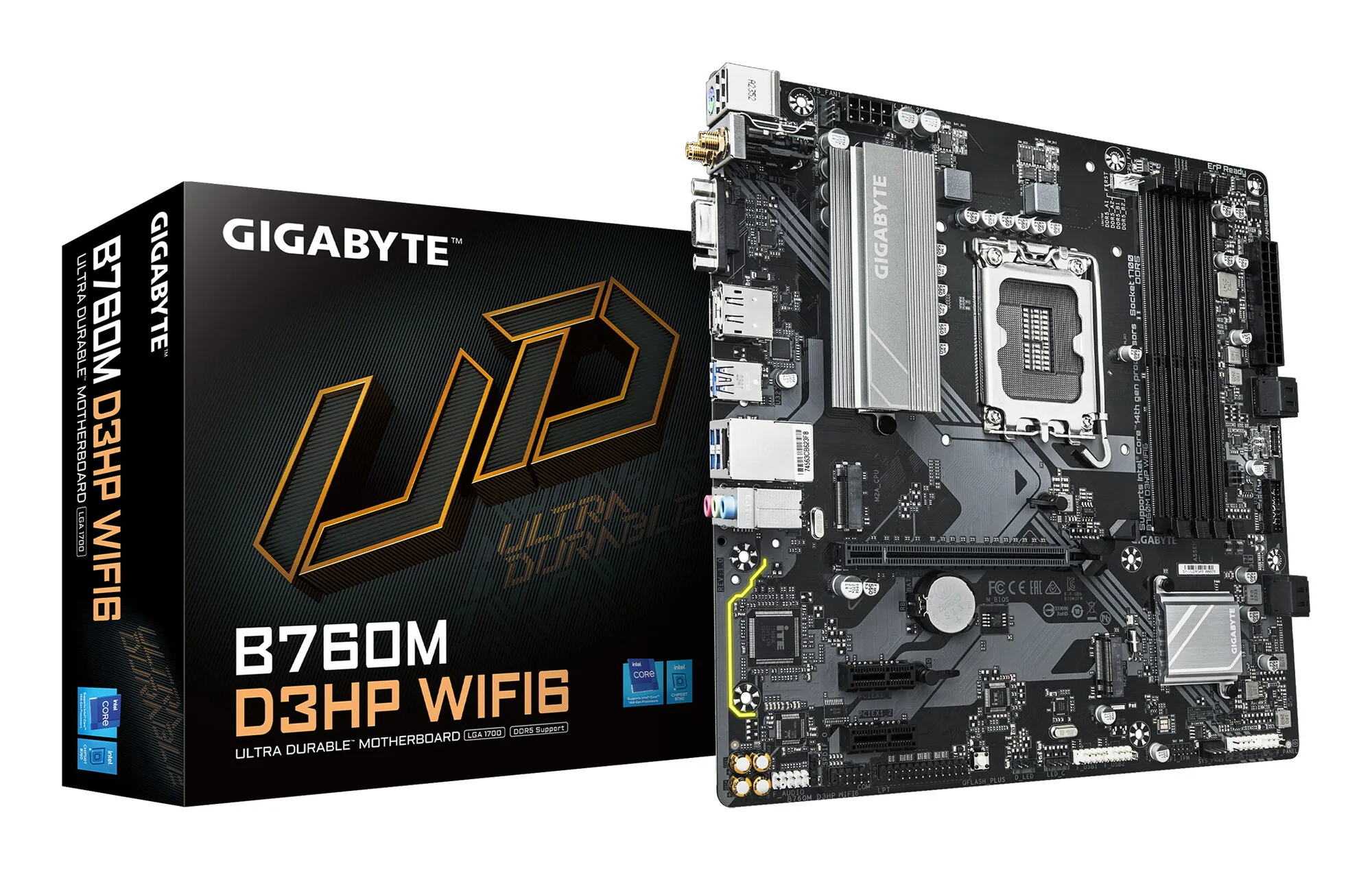 GIGABYTE B760M D3HP WIFI6 Mainboard – Unterstützt Intel Core Prozessoren der 14. Generation, digitales 4+1+1 Phasen VRM, bis zu 5600 MHz DDR5, 2x PCIe 4.0 M.2, Wi-Fi 6, GbE LAN, USB 3.2 Gen 1 – Bild 1