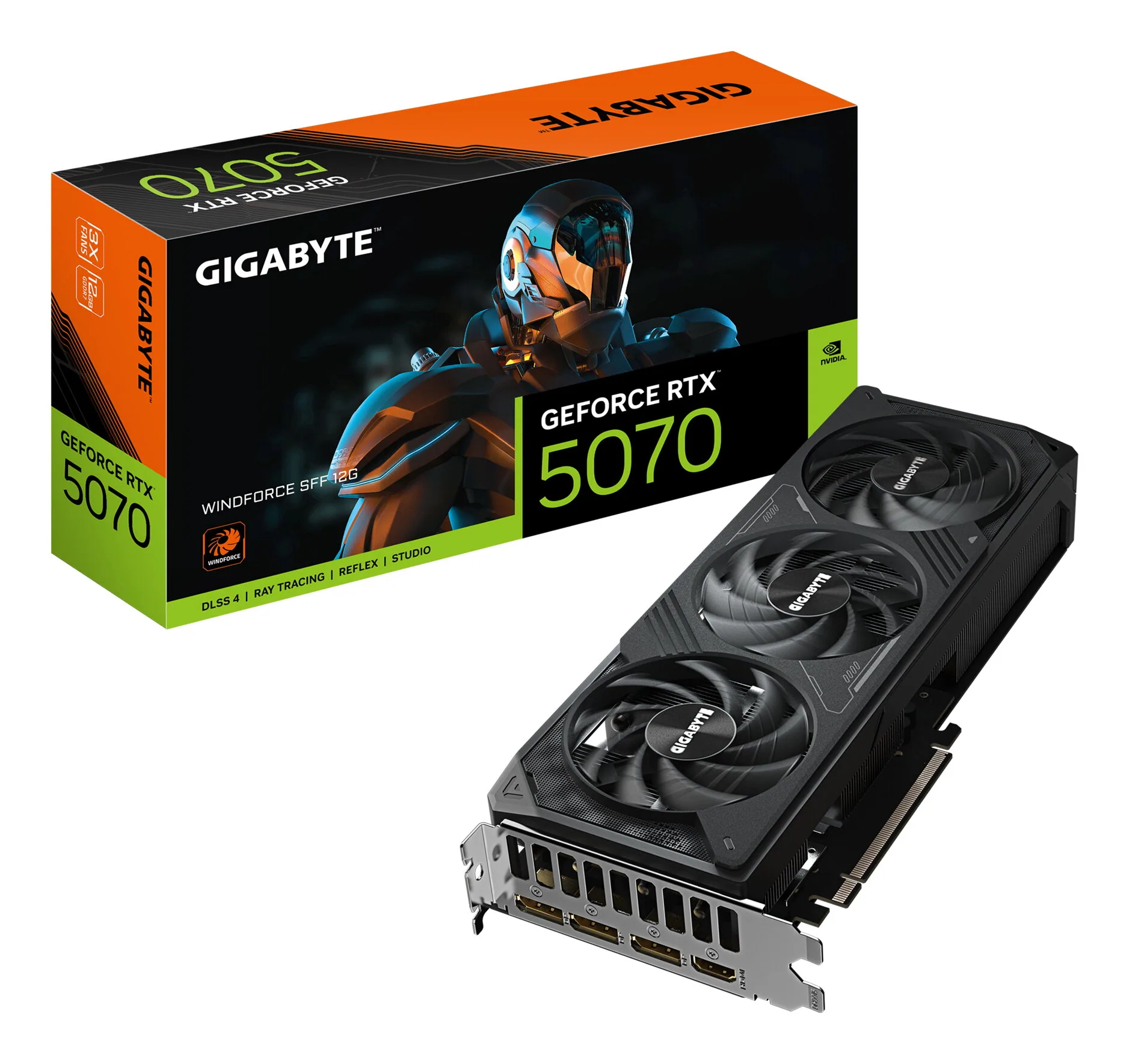 GIGABYTE GeForce RTX 5070 WINDFORCE SFF 12G Grafikkarte – 12 GB GDDR7, 192-Bit, PCI-E 5.0, 2512 MHz Kernfrequenz, 3 x DP 2.1b, 1 x HDMI 2.1b, DLSS 4, GV-N5070WF3-12GD – Bild 1