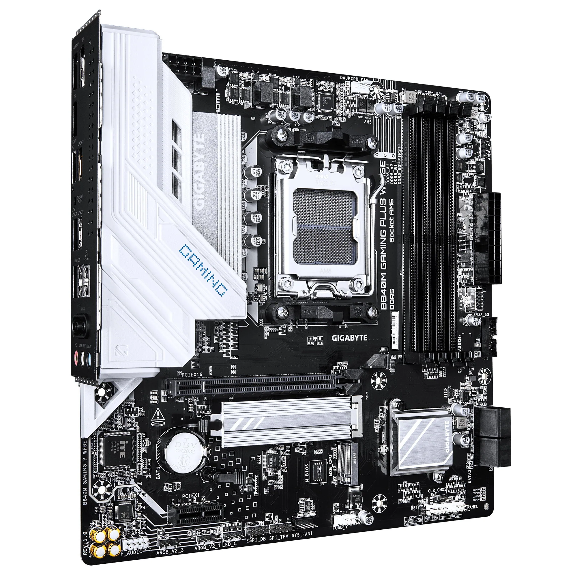 GIGABYTE B840M GAMING PLUS WIFI6E Mainboard – AMD Ryzen 9000 CPUs, 8+2+2-Phasen-VRM, bis zu 8200 MHz DDR5 (O.C.), 2× PCIe-4.0-M.2, Wi-Fi 6E, 1-GbE-LAN, USB 3.2 Gen 2 – Bild 3