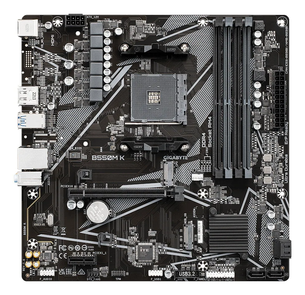 GIGABYTE B550M K Mainboard – AMD Ryzen 5000 CPUs, bis zu 4733 MHz DDR4, 1xPCIe 4.0 + 1xPCIe 3.0 M.2, 1GbE LAN, USB 3.2 Gen 1 – Bild 2