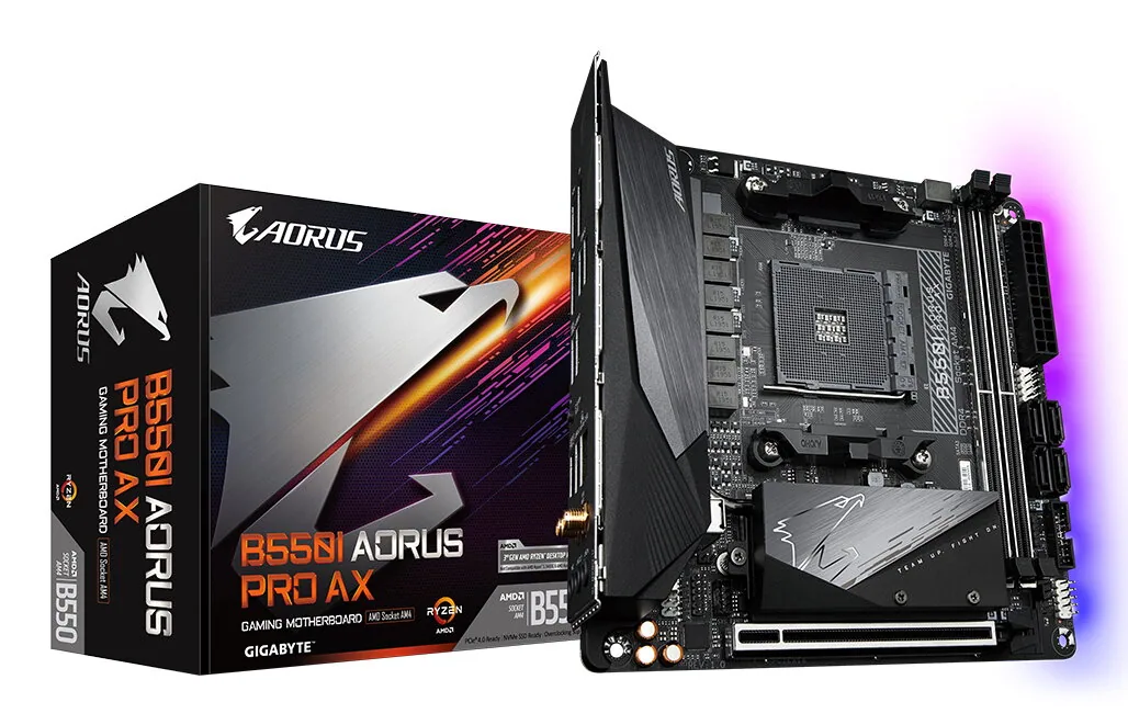GIGABYTE B550I AORUS PRO AX Mainboard – AMD Ryzen 5000 CPUs, 8 Phasen VRM, bis zu 5300 MHz DDR4, 1xPCIe 4.0 + 1xPCIe 3.0 M.2, Wi-Fi 6E, 2.5GbE LAN, USB 3.2 Gen 2 – Bild 1
