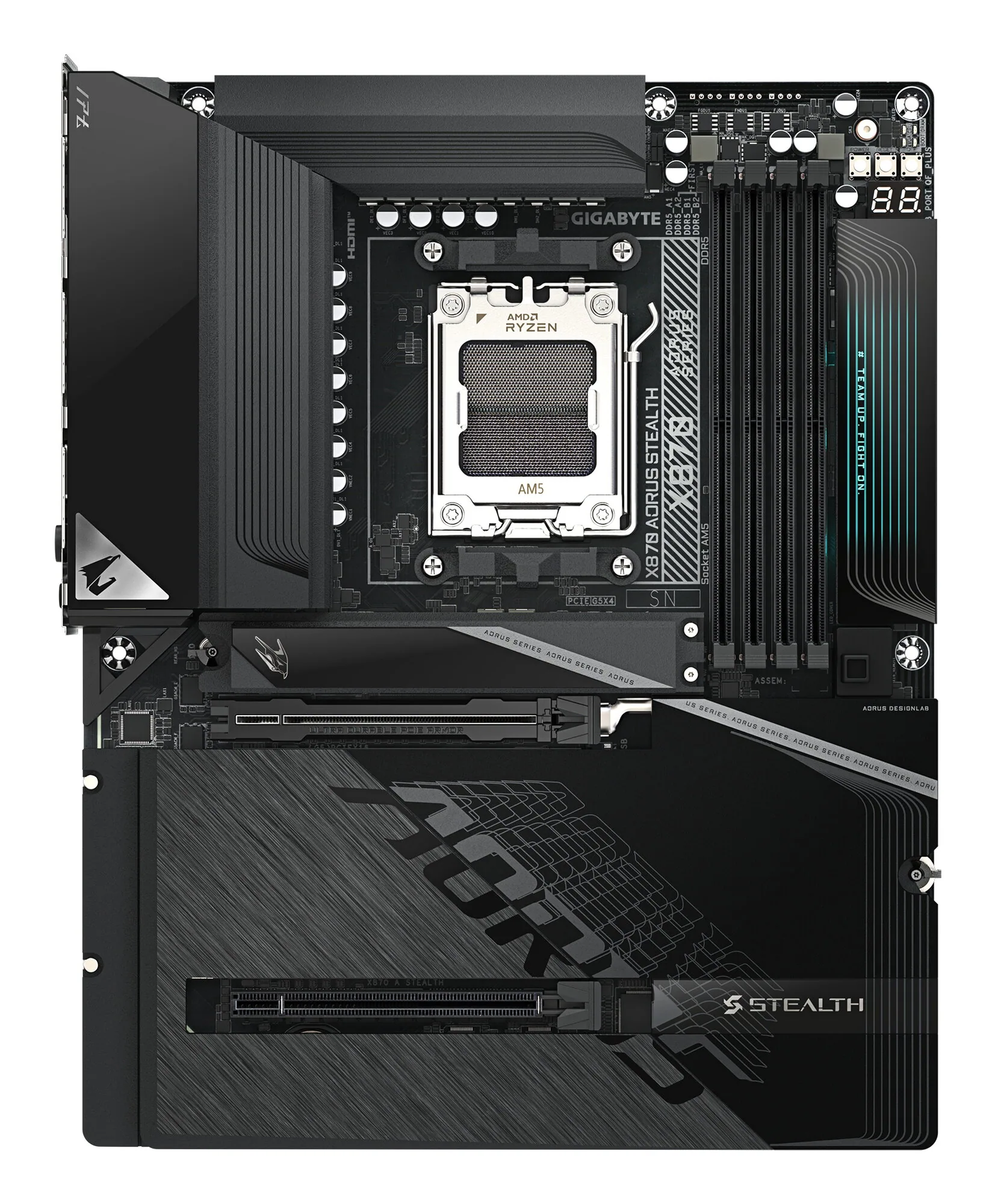 GIGABYTE X870 AORUS STEALTH Mainboard - Unterstützt AMD Ryzen 9000 CPUs, digitales 16+2+2-Phasen-VRM, bis zu 8200MHz DDR5 (O.C.), 2xPCIe 5.0 + 2xPCIe 4.0, Wi-Fi 7, 5GbE LAN, USB 4 – Bild 2