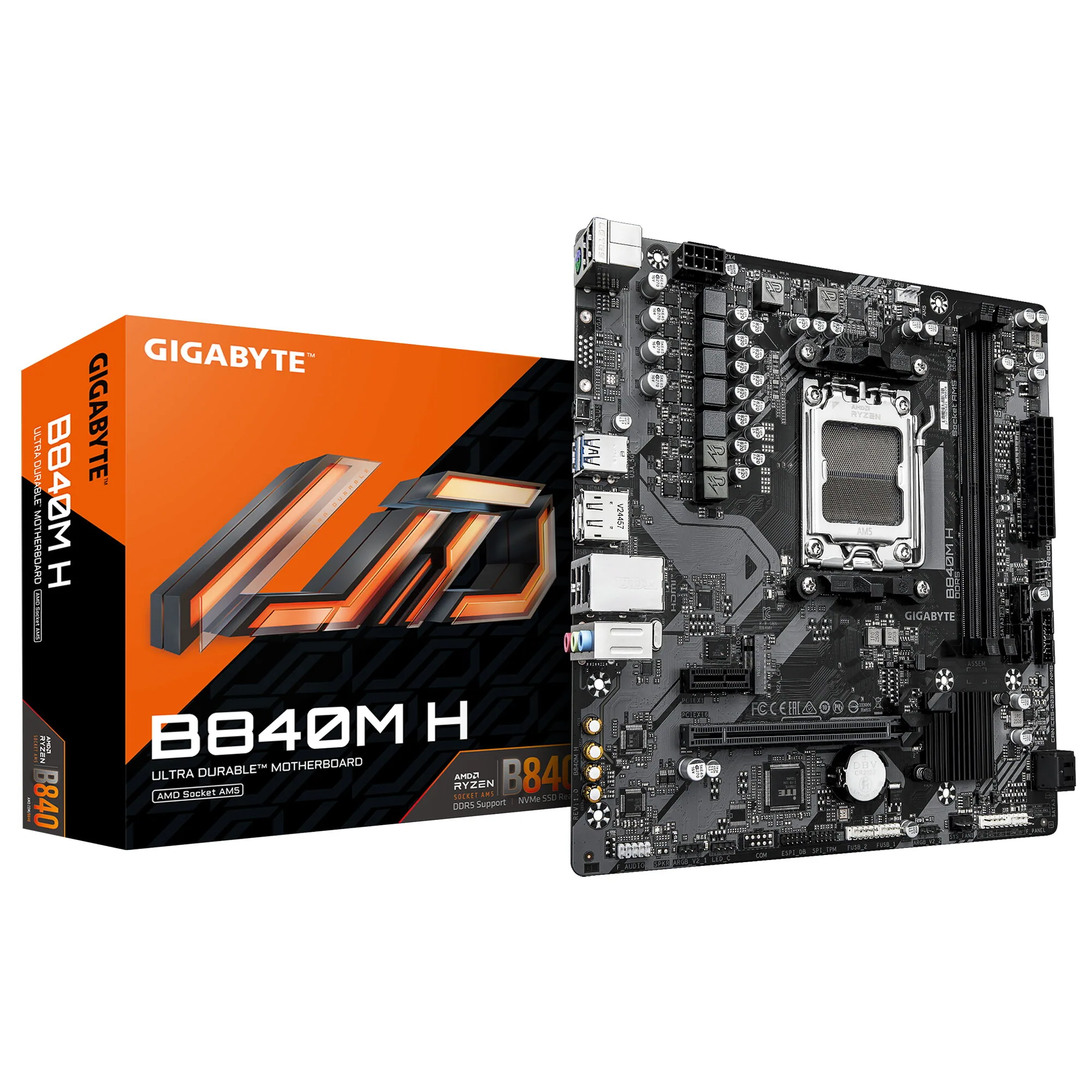 GIGABYTE B840M H Mainboard - AMD Ryzen 9000 CPUs, 5+2+2 Phasen VRM, bis zu 7200MHz DDR5 (O.C), 1xPCIe 4.0 M.2, 1GbE LAN, USB 3.2 Gen 1 – Bild 1